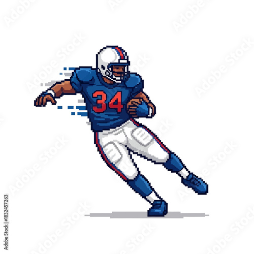 Energetic pixel art illustration of an American football player in full stride, powerfully carrying the ball with dynamic motion and determination across the field