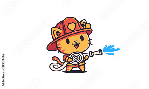 A cheerful orange tabby cat firefighter mascot in a red helmet, holding a fire hose and spraying water.