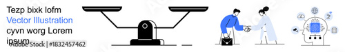 Ethics, teamwork, negotiation, fairness, AI, digital solutions. Weighing scale, professionals shaking hands AI interface. Ethics and teamwork concept negotiating professionals and fairness symbol