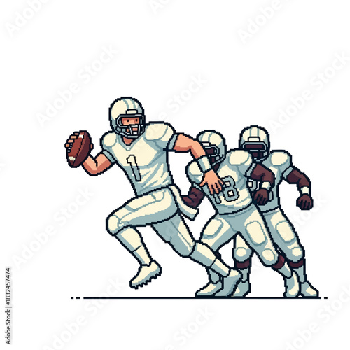 Vibrant pixel art depicting an American football player running with the ball, supported by teammates in a dynamic game play scene, emphasizing athletic prowess and teamwork