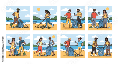 Beach cleanup volunteers collecting trash on shoreline