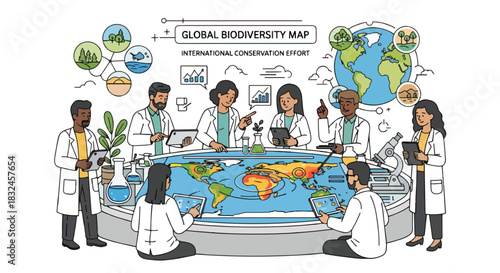 Global biodiversity map with scientists collaborating