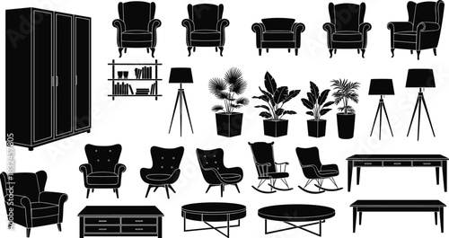 Large set of furniture and home interior silhouettes, vector collection of armchairs, tables, wardrobe, and potted plants for living room and house decoration design.