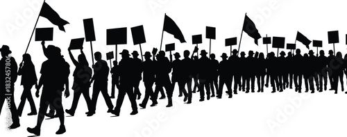 Large group of people marching in protest, demonstration silhouette vector illustration, crowd holding flags and blank placards, political strike, freedom, and civil rights movement concept.
