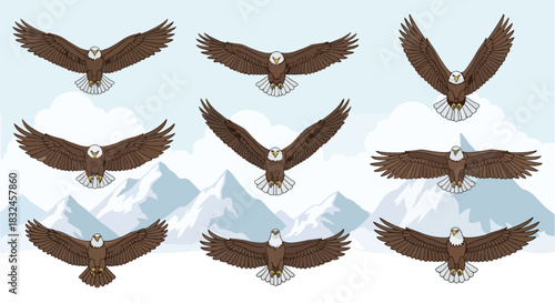 Eagles in flight over mountains with cloudy sky