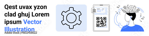 Gear symbol for mechanics, smartphone with QR code on screen, and a creative mind with music and notes. Ideal for tech, business, creativity, innovation, education, apps simple landing page