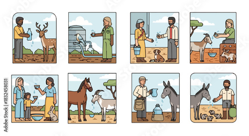 People giving water to animals in various settings