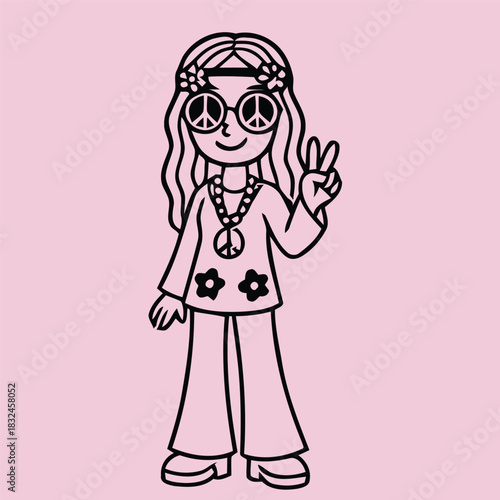 Hippie character vector silhouette with peace sign, flowers, flared pants and retro fashion in black and white style