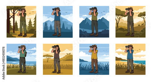 Birdwatcher observing landscapes with binoculars