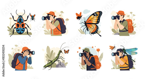 Entomologist photographing insects and butterflies outdoors