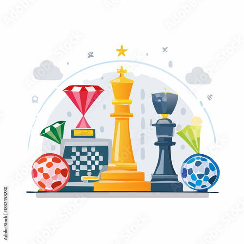 Chess King Queen Trophy Diamond and Balls Illustration.