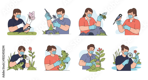 Scientists examining wildlife and plants with protective gear