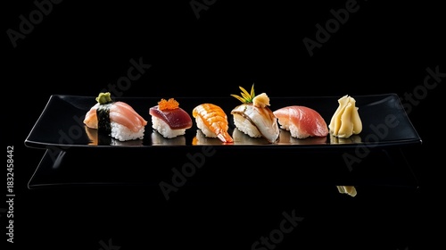 Exquisite Nigiri Sushi Selection on Black Plate Against Dark Background
