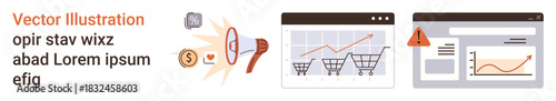 Online shopping, sales analysis, website performance, data insights, business alerts, e-commerce trends. Digital shopping carts, analytic graphs warning notification. E-commerce and sales analysis