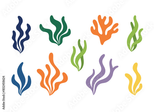 Abstract Colorful Seaweed Shapes Isolated on Black Background Vector Illustration