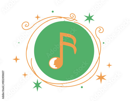 Orange eighth note symbol on green circle with white border and starbursts decoration for musical theme design