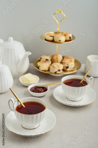 English Afternoon Tea  in elegant white porcelain cups