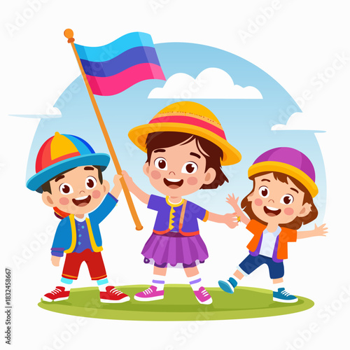 Children Celebrating with Intersex Pride Flag Illustration.