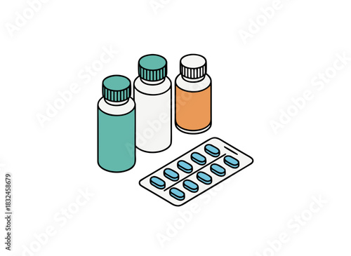 Three Medical Bottles And A Blister Pack Of Blue Pills On A Black Background In A Clean Flat Vector Illustration Style