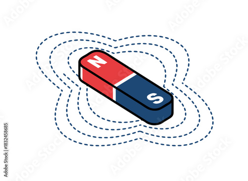 Bar Magnet With North And South Poles Demonstrating Magnetic Field Lines In A Flat Vector Illustration Style On A Black Background