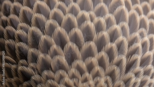 Macro close-up detail of soft brown and grey bird feather texture pattern for natural animal background