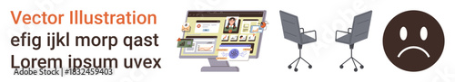 Office work, communication, productivity tools, remote work, collaboration, emotional states. A desk setup with computer screens, chairs and a sad emotion symbol. Office work and communication