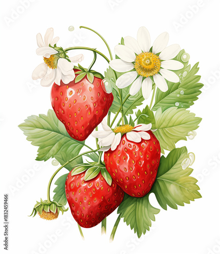 Ripe Strawberries with Blossoms Botanical Art