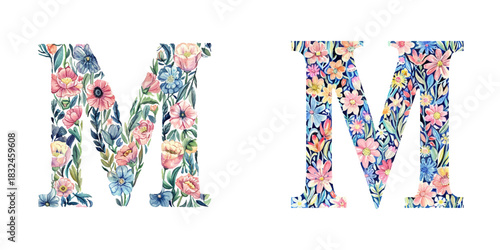 floral letter M watercolor vector illustration