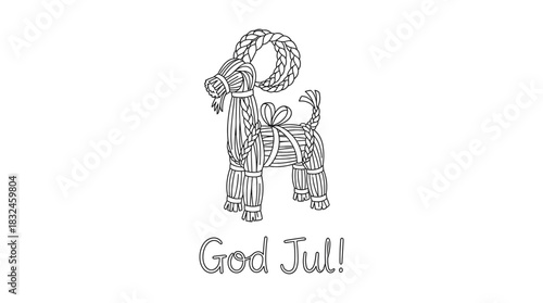 Minimalist Swedish Yule goat line-art with God Jul text, white background