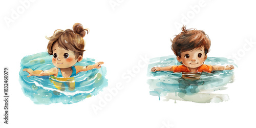kid swimming watercolor vector illustration