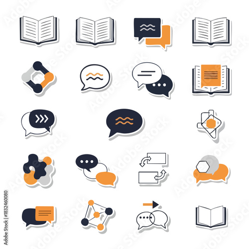 Education Communication Flat Vector Icon Set For Knowledge Sharing