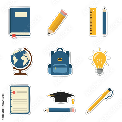 Back To School Education Flat Vector Stickers Icon Set Collection