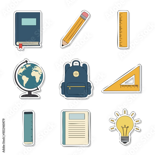 School Education Flat Vector Icon Set With Learning Tools