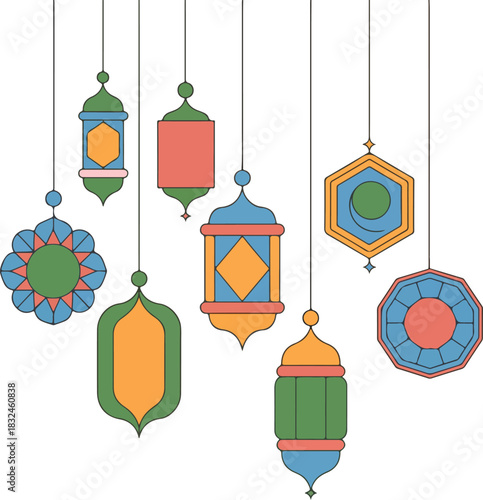 Colorful Islamic geometric lanterns and ornaments hanging vector design.