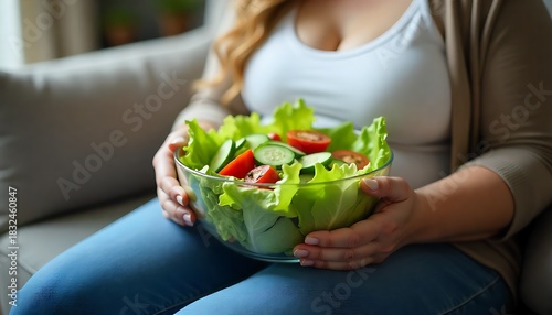 Fat woman eating healthy food. Cropped shot of chubby plump overweight girl sitting on couch holding glass bowl of fresh vegetable salad. Healthy diet and weight loss, created with generative ai