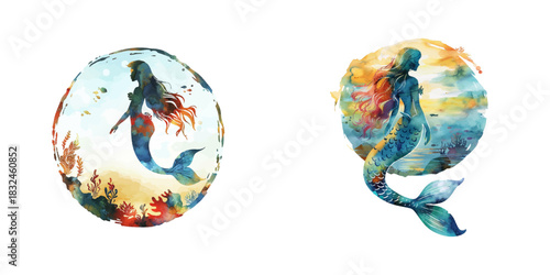 silhouette mermaid with underwater scene inside watercolor vector illustration