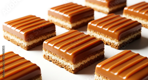 Delicious caramel squares with a creamy layer on a bright white surface