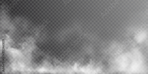 Fog, smoke, mist, and steam on transparent background, panoramic view, vector design