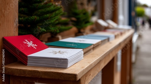 Fototapeta Naklejka Na Ścianę i Meble -  Stacks of colorful Christmas greeting cards on wooden outdoor shop shelf with small fir tree in festive street scene
