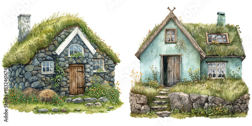 turf house iceland watercolor vector illustration