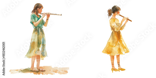 woman playing flute watercolor vector illustration