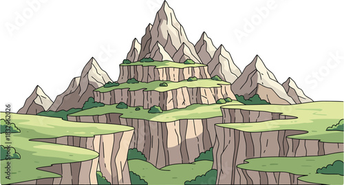 Cartoon Mountain Landscape with Cliffs and Peaks.