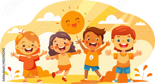 Happy Diverse Children Smiling Together Vector Illustration Icon