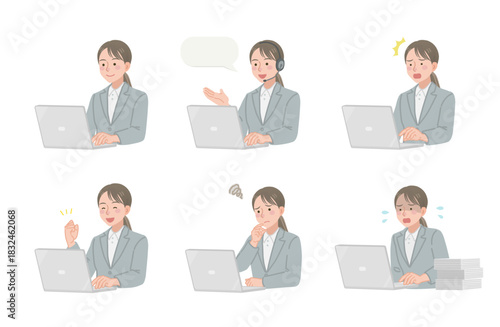 PC作業をするビジネスウーマンのイラストセット