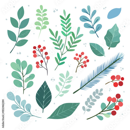 Botanical Winter Foliage Set — Leaves, Branches and Berries Vector