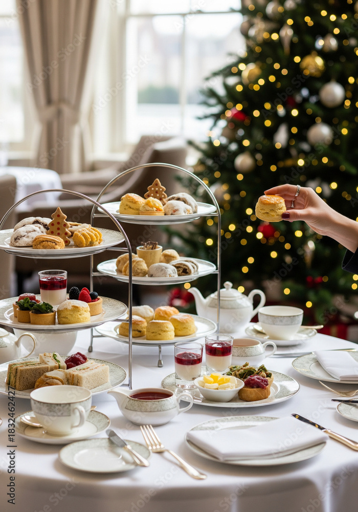 Naklejka premium Luxury Christmas Afternoon Tea With Elegant Customer Hands Holding Tea or Pastry in Festive Hotel for gourmet food promotions, hospitality marketing materials, festive campaign headers, winter menu ad