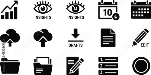 Simple black and white icon set for business technology and organization