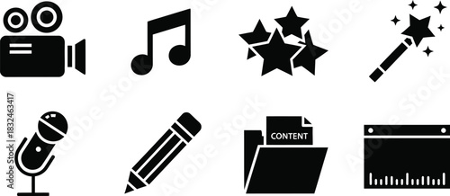 Collection of entertainment and creative icons in black and white silhouette style
