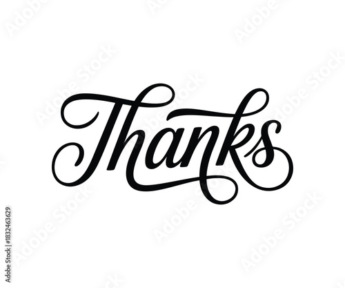 Elegant black calligraphy word thanks on white background