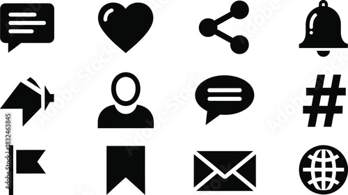 Black and white social media and notification icons set for web design